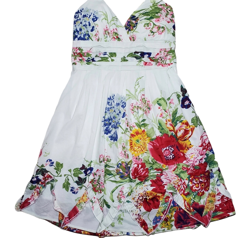 White Floral Halter Dress Ruffled Skirt Size S